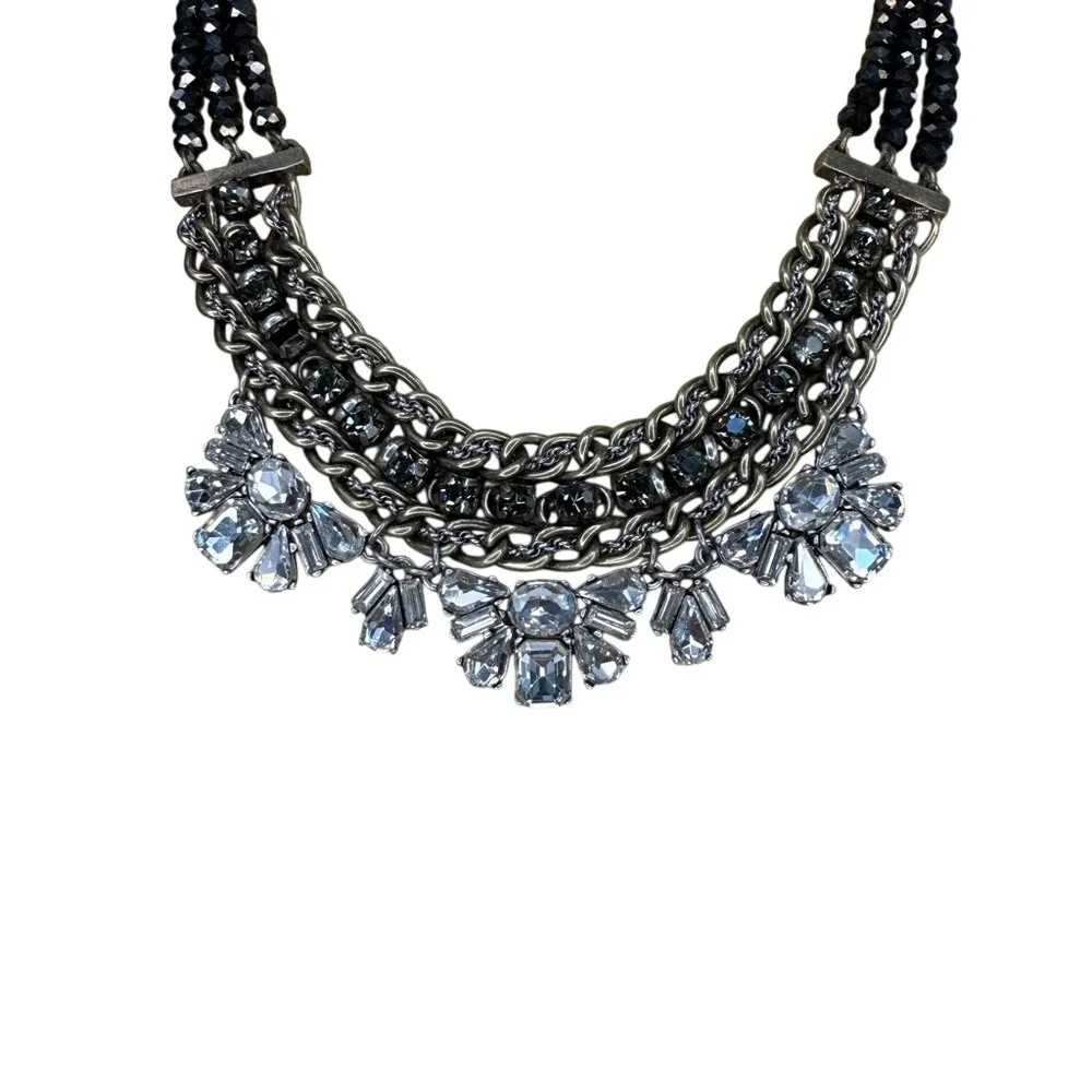 LOFT‎ Statement Necklace Black Silver Multi Strand Rhinestone Crystal Bib